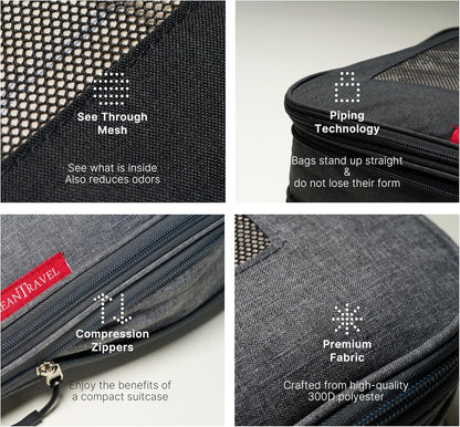 Premium Compression Packing Cubes for Travel - Suitcase Organizer Bags with Double Zipper & Breathable Mesh Panel - Space Saving Carry On Luggage Essentials (Grey)