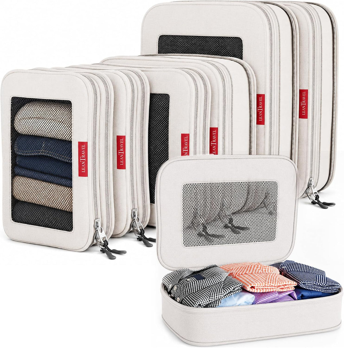 Premium Compression Packing Cubes for Travel - Suitcase Organizer Bags with Double Zipper & Breathable Mesh Panel - Space Saving Carry On Luggage Essentials (Grey)