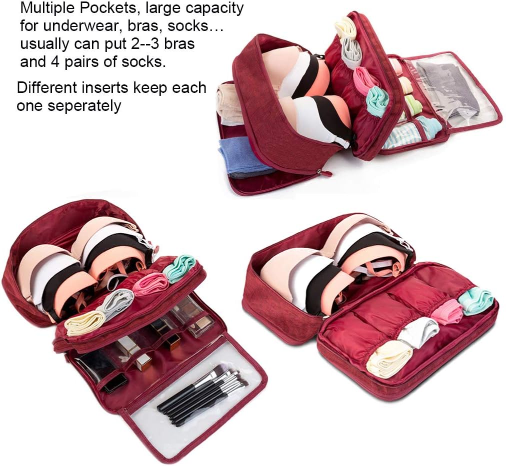 Travel Bra Underwaer Organizer Compact Lingerie Box Fornight Toiletry Bag (Wine red)