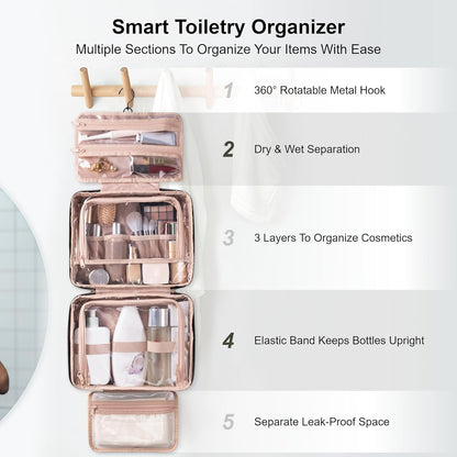 Travel Toiletry Bag with Hanging Hook and Leakproof Wet/Dry Compartments, Large Capacity Makeup Cosmetic Organizer for Women, 12x9x4.5 Inch, Light Purple