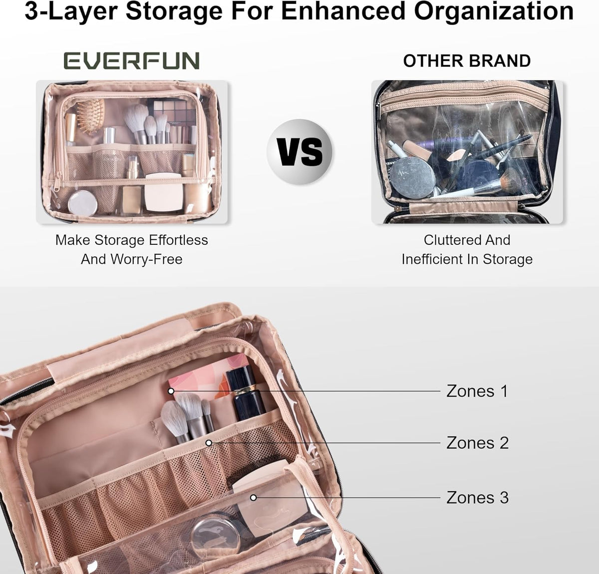 Travel Toiletry Bag with Hanging Hook and Leakproof Wet/Dry Compartments, Large Capacity Makeup Cosmetic Organizer for Women, 12x9x4.5 Inch, Light Purple