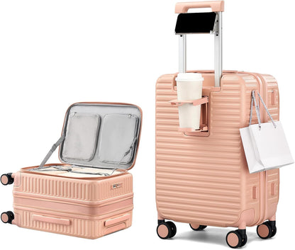 20 Inch Carry on Luggage 22x14x9 Airline Approved Hard Shell Suitcases with Wheels, Top Opening Expandable Carry on Luggage with Cup Holder Small Rolling Suitcase with Lock, Pink