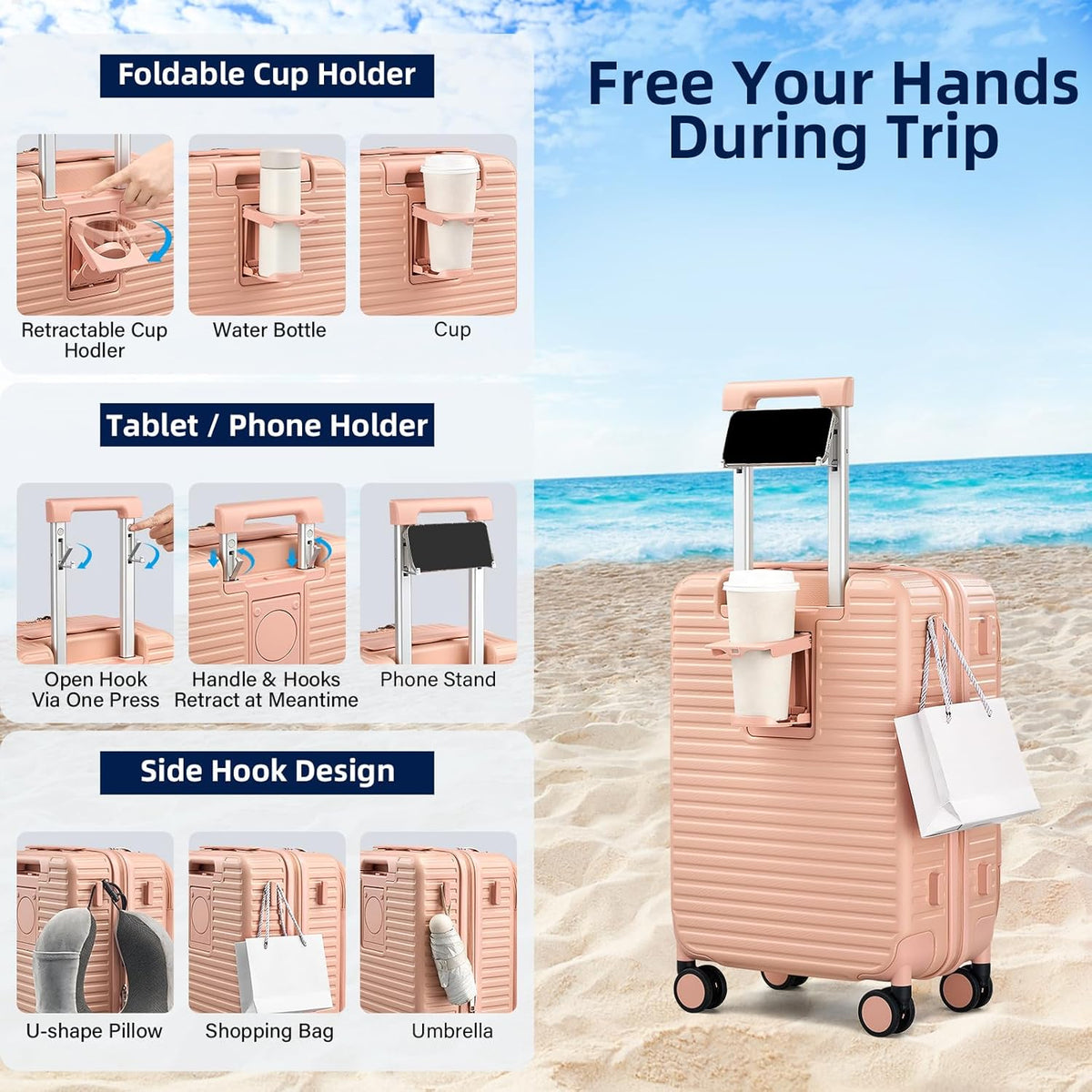20 Inch Carry on Luggage 22x14x9 Airline Approved Hard Shell Suitcases with Wheels, Top Opening Expandable Carry on Luggage with Cup Holder Small Rolling Suitcase with Lock, Pink
