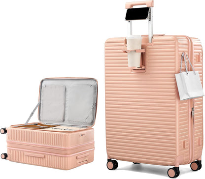 20 Inch Carry on Luggage 22x14x9 Airline Approved Hard Shell Suitcases with Wheels, Top Opening Expandable Carry on Luggage with Cup Holder Small Rolling Suitcase with Lock, Pink
