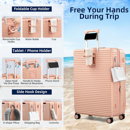 20 Inch Carry on Luggage 22x14x9 Airline Approved Hard Shell Suitcases with Wheels, Top Opening Expandable Carry on Luggage with Cup Holder Small Rolling Suitcase with Lock, Pink