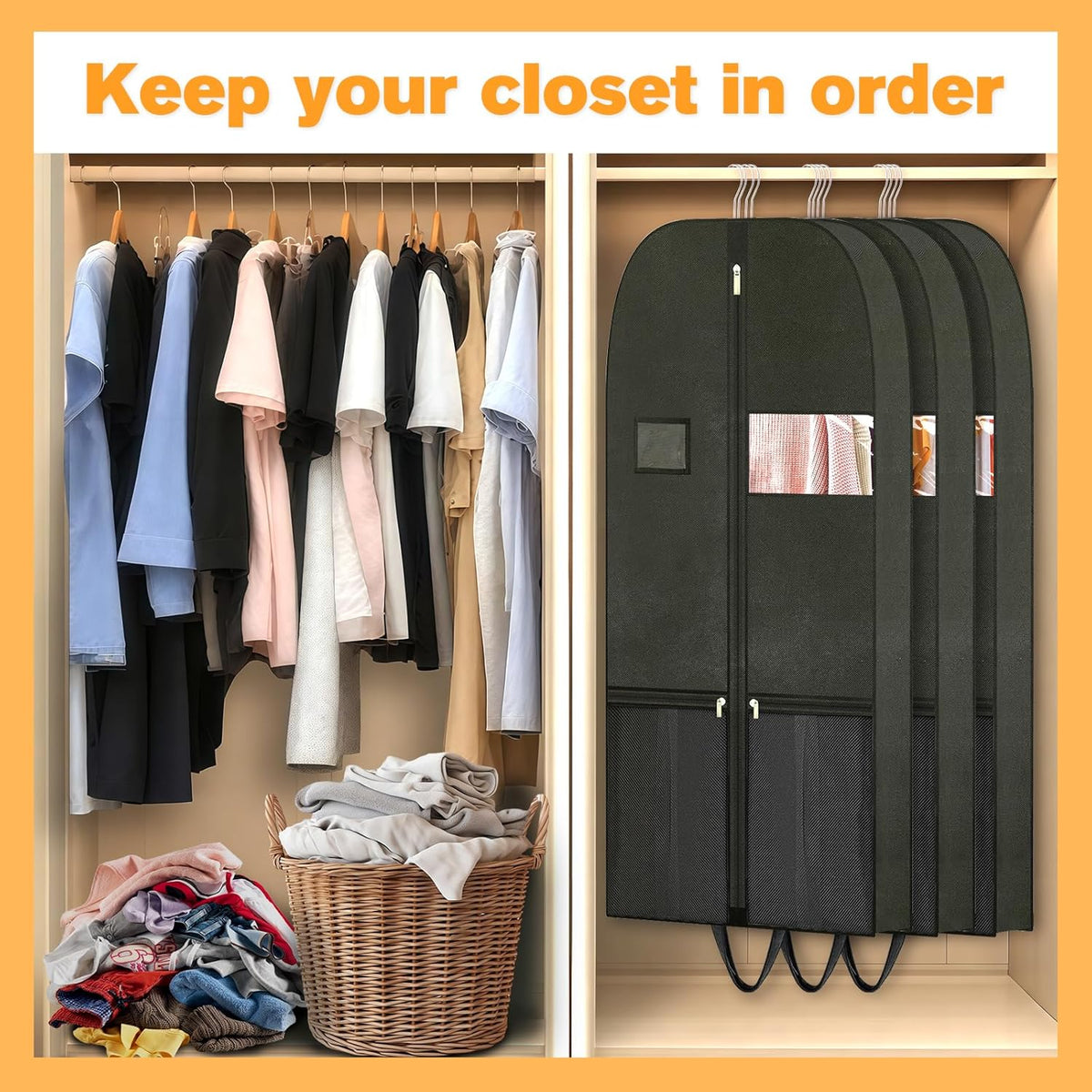 Long Garment Bag for Hanging Clothes Travel, 60'' Dress Bags for Gowns Long Dance Costumes Womens Coats, Suit Bag Clothes Cover for Closet Storage With Handles Pockets and Zipper, Black