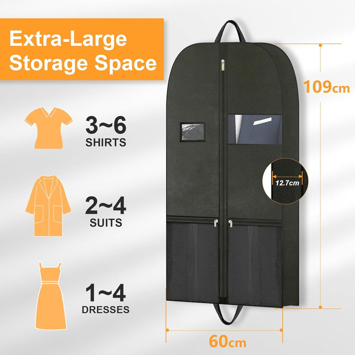 Long Garment Bag for Hanging Clothes Travel, 60'' Dress Bags for Gowns Long Dance Costumes Womens Coats, Suit Bag Clothes Cover for Closet Storage With Handles Pockets and Zipper, Black