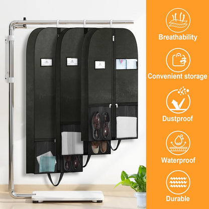 Long Garment Bag for Hanging Clothes Travel, 60'' Dress Bags for Gowns Long Dance Costumes Womens Coats, Suit Bag Clothes Cover for Closet Storage With Handles Pockets and Zipper, Black
