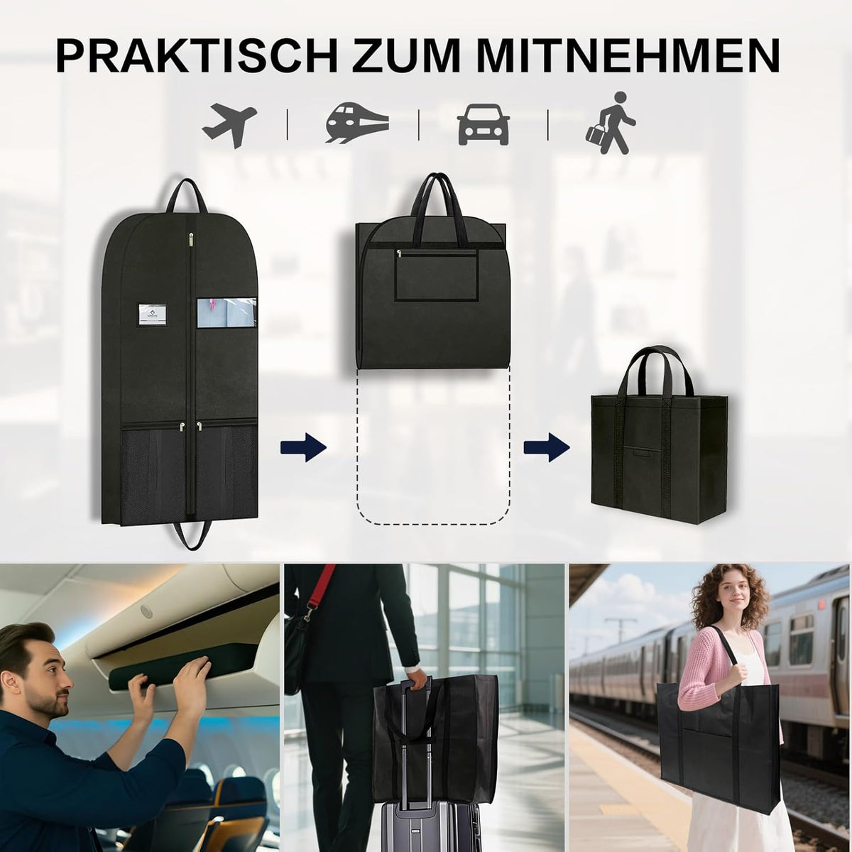 Long Garment Bag for Hanging Clothes Travel, 60'' Dress Bags for Gowns Long Dance Costumes Womens Coats, Suit Bag Clothes Cover for Closet Storage With Handles Pockets and Zipper, Black