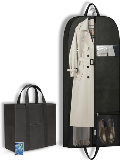 Long Garment Bag for Hanging Clothes Travel, 60'' Dress Bags for Gowns Long Dance Costumes Womens Coats, Suit Bag Clothes Cover for Closet Storage With Handles Pockets and Zipper, Black
