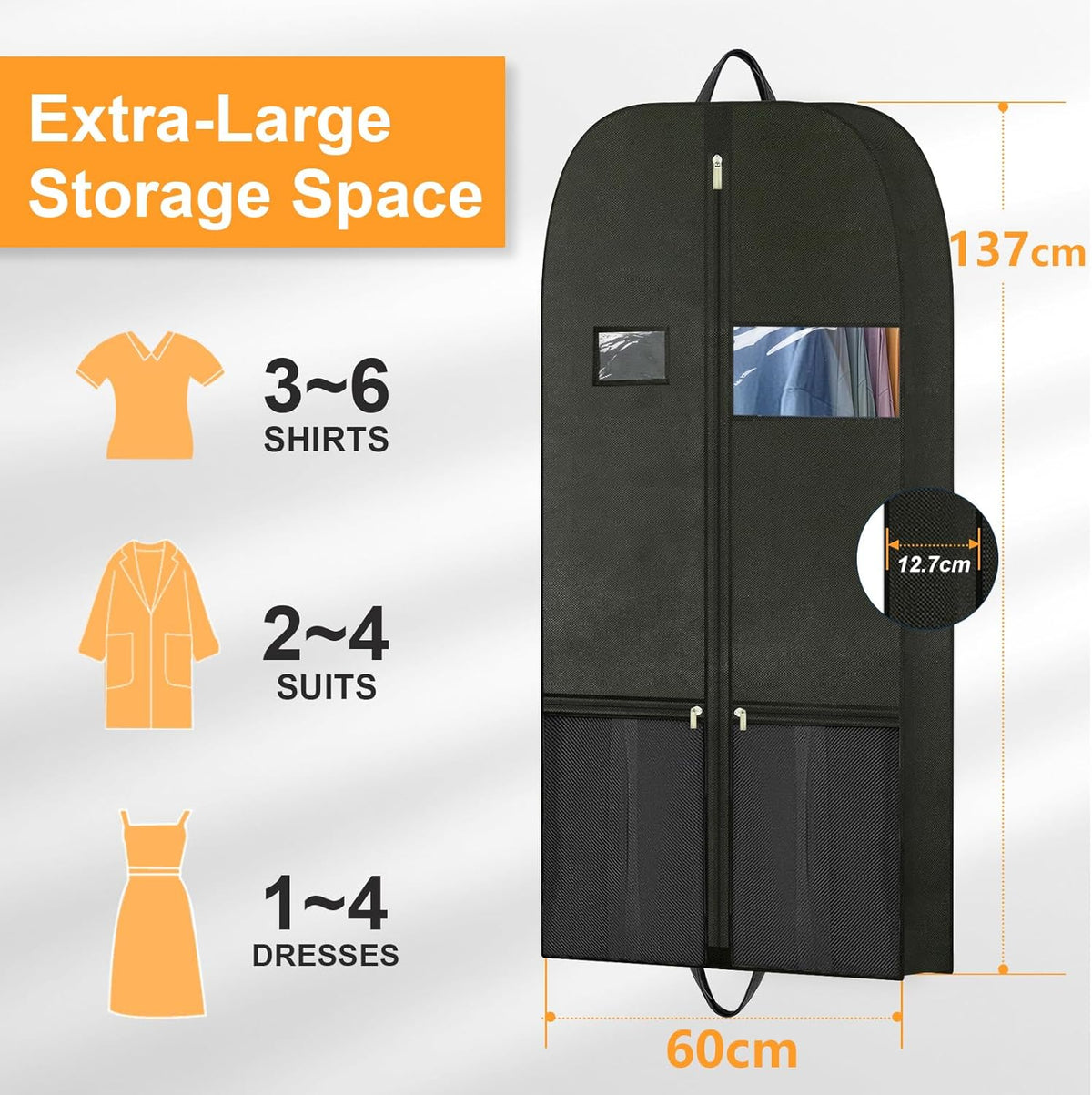 Long Garment Bag for Hanging Clothes Travel, 60'' Dress Bags for Gowns Long Dance Costumes Womens Coats, Suit Bag Clothes Cover for Closet Storage With Handles Pockets and Zipper, Black