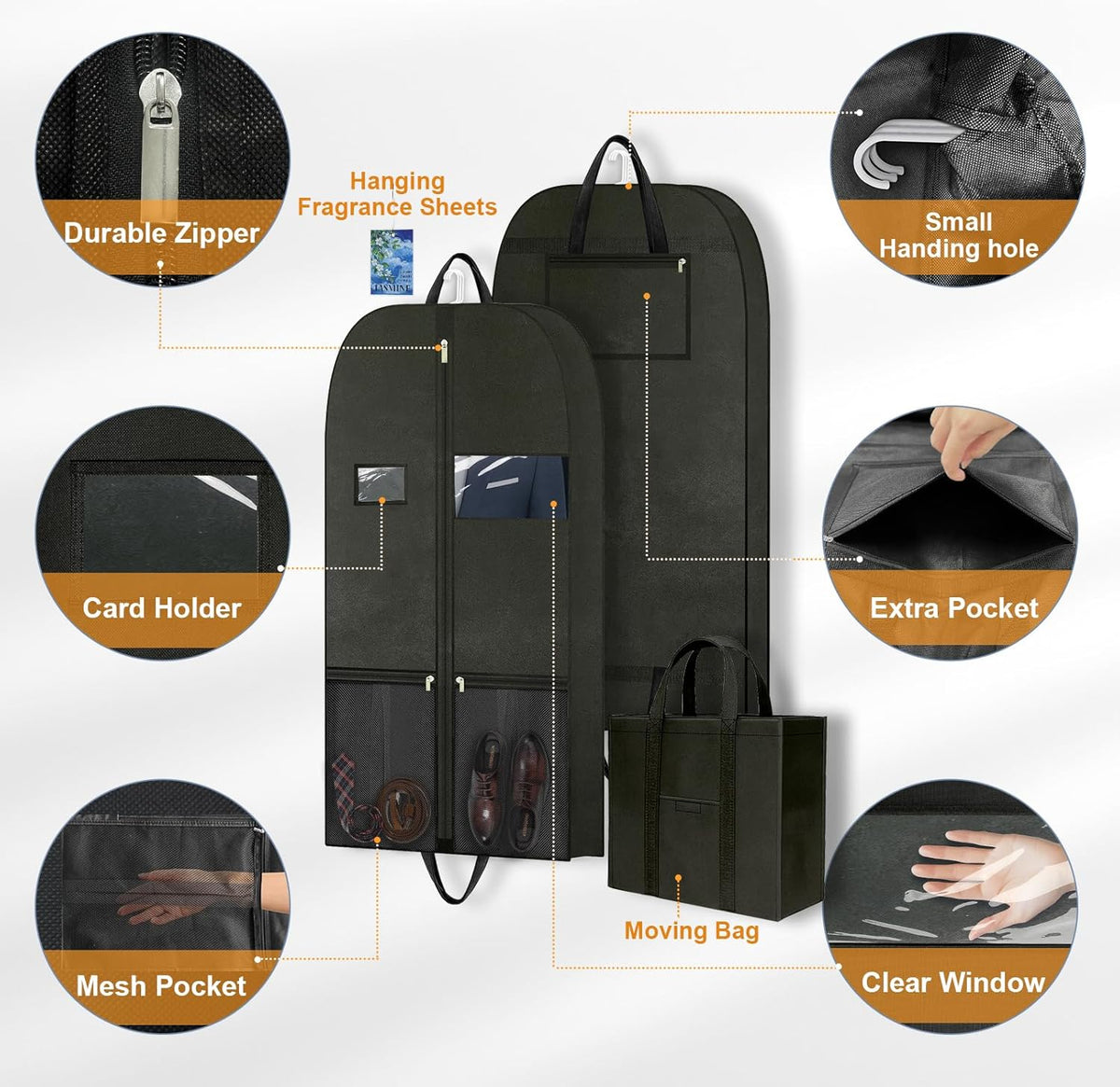 Long Garment Bag for Hanging Clothes Travel, 60'' Dress Bags for Gowns Long Dance Costumes Womens Coats, Suit Bag Clothes Cover for Closet Storage With Handles Pockets and Zipper, Black