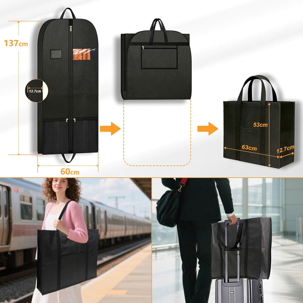Long Garment Bag for Hanging Clothes Travel, 60'' Dress Bags for Gowns Long Dance Costumes Womens Coats, Suit Bag Clothes Cover for Closet Storage With Handles Pockets and Zipper, Black