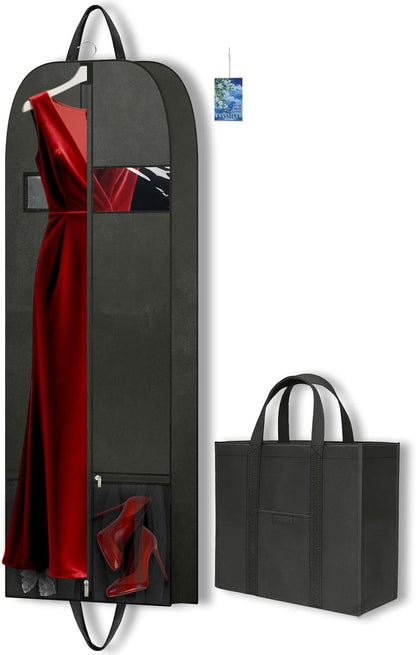 Long Garment Bag for Hanging Clothes Travel, 60'' Dress Bags for Gowns Long Dance Costumes Womens Coats, Suit Bag Clothes Cover for Closet Storage With Handles Pockets and Zipper, Black