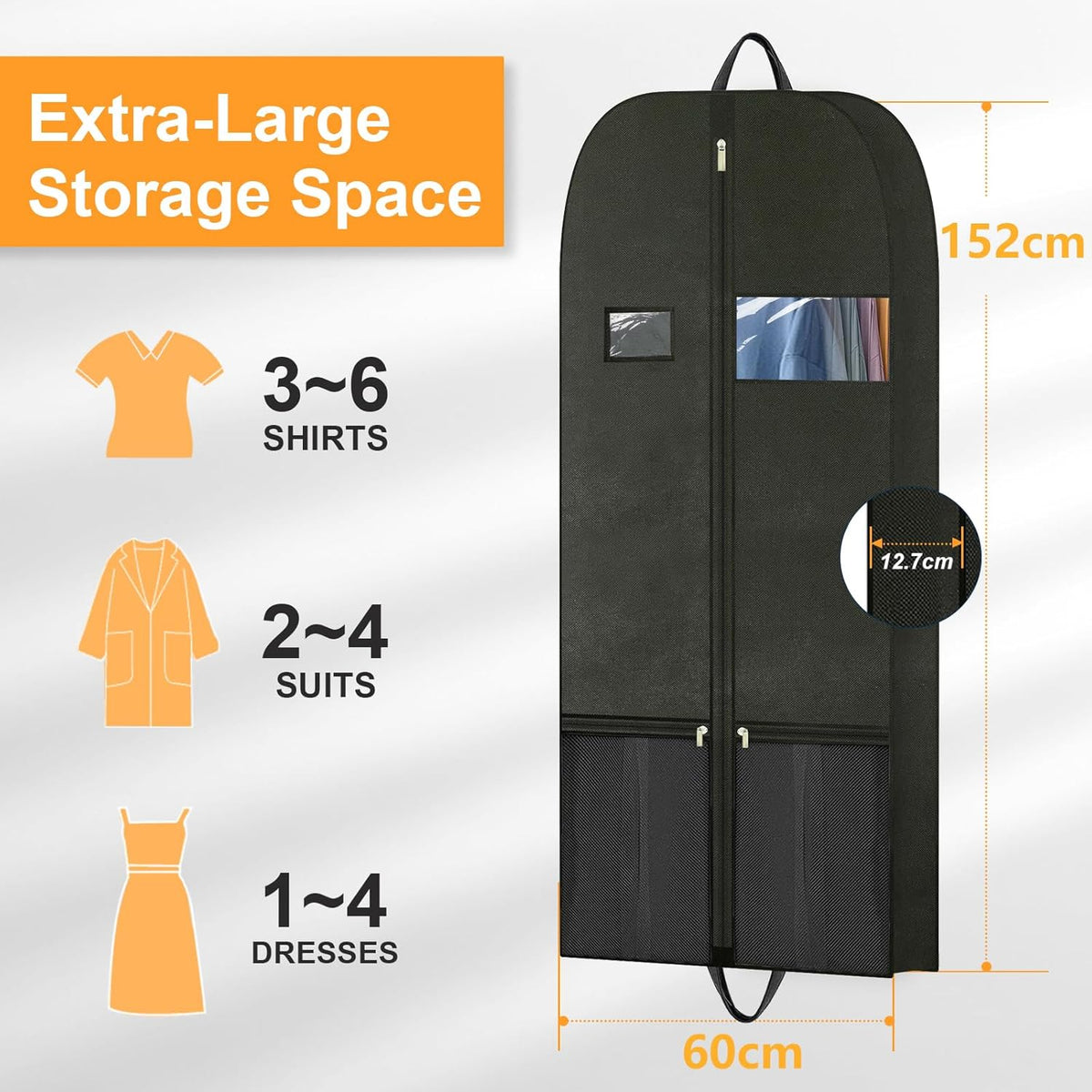 Long Garment Bag for Hanging Clothes Travel, 60'' Dress Bags for Gowns Long Dance Costumes Womens Coats, Suit Bag Clothes Cover for Closet Storage With Handles Pockets and Zipper, Black