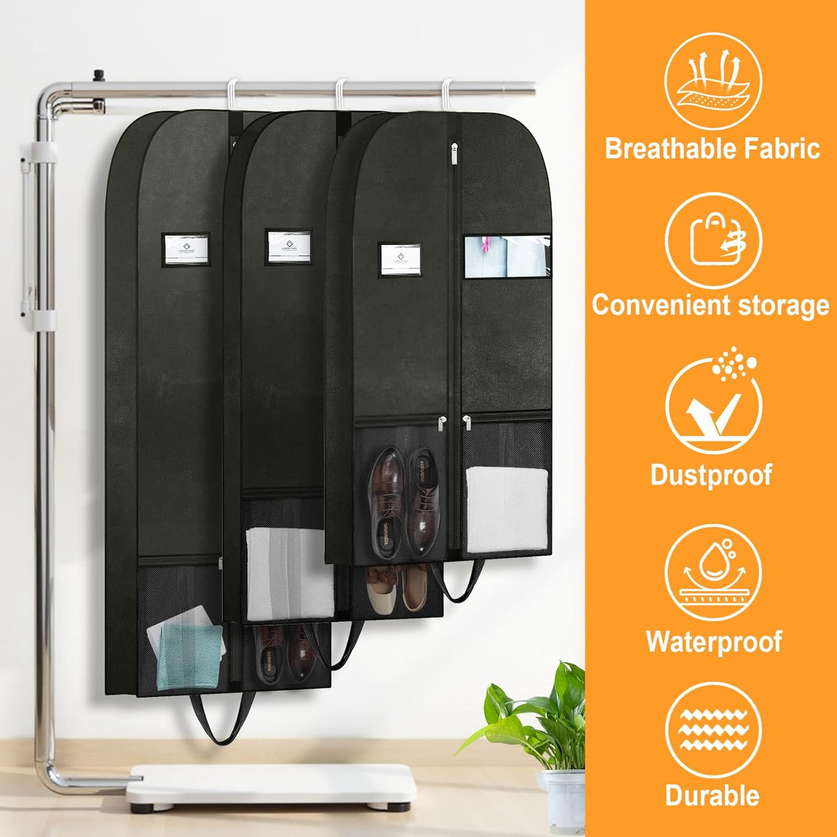 Long Garment Bag for Hanging Clothes Travel, 60'' Dress Bags for Gowns Long Dance Costumes Womens Coats, Suit Bag Clothes Cover for Closet Storage With Handles Pockets and Zipper, Black