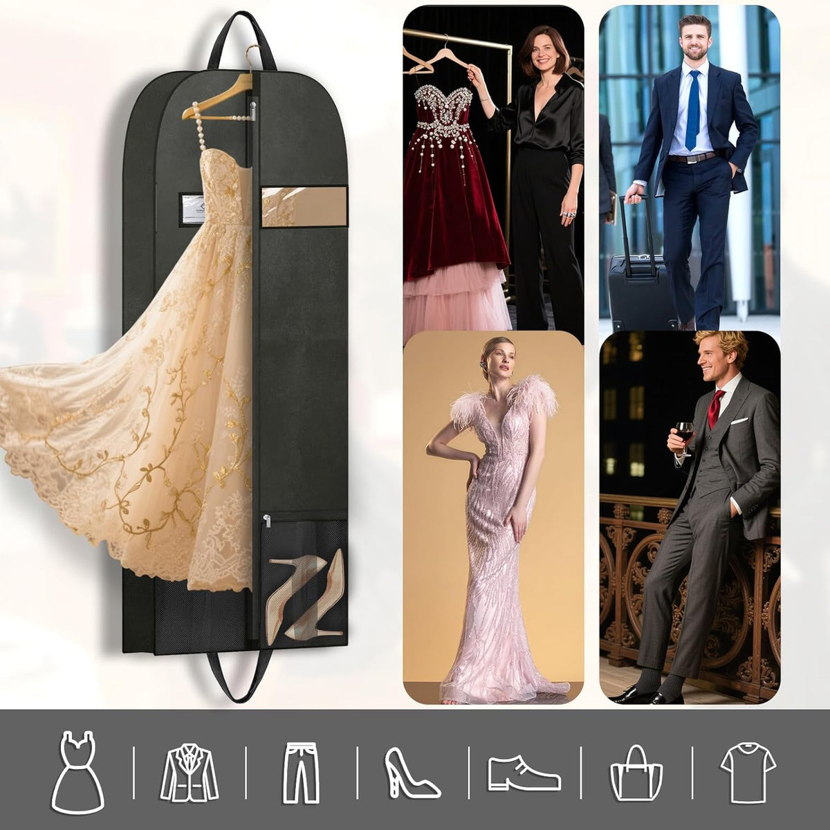 Long Garment Bag for Hanging Clothes Travel, 60'' Dress Bags for Gowns Long Dance Costumes Womens Coats, Suit Bag Clothes Cover for Closet Storage With Handles Pockets and Zipper, Black