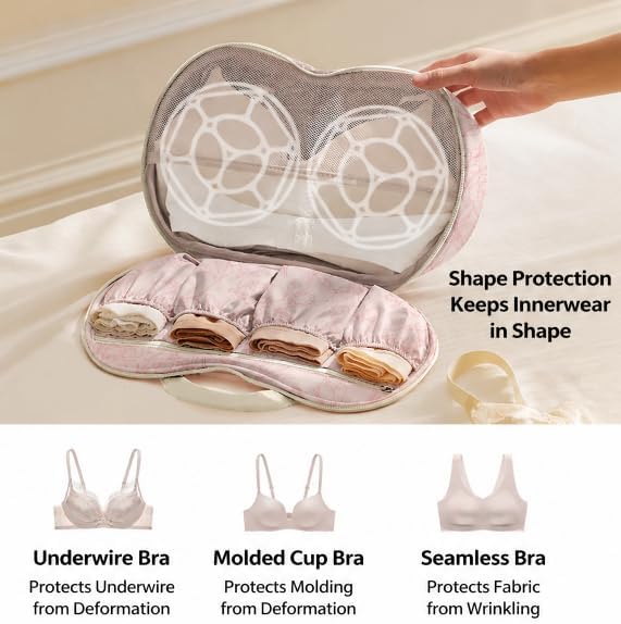 Bra and Underwear Travel Organizer Bag – Portable Bra Storage Case, Compression Packing Cubes for Travel, Waterproof Luggage Organizer for Women, Suitcase (Beige)