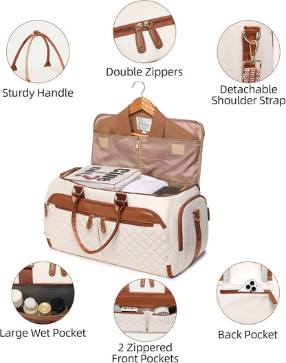 Convertible Garment Bag for Travel with Shoe Compartment, 2-in-1 Carry On Duffle for Hanging Clothes, Foldable Weekender Overnight Bag with Toiletry Bag