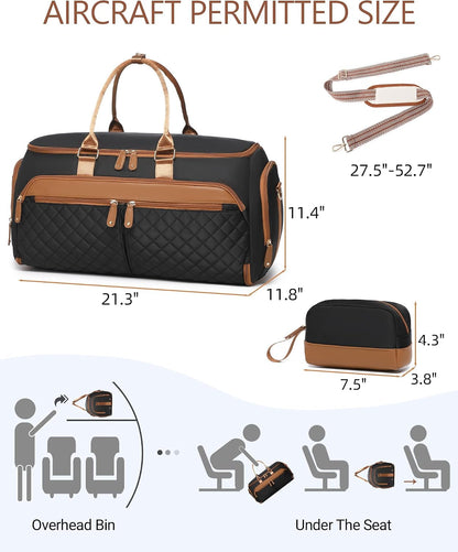 Convertible Garment Bag for Travel with Shoe Compartment, 2-in-1 Carry On Duffle for Hanging Clothes, Foldable Weekender Overnight Bag with Toiletry Bag