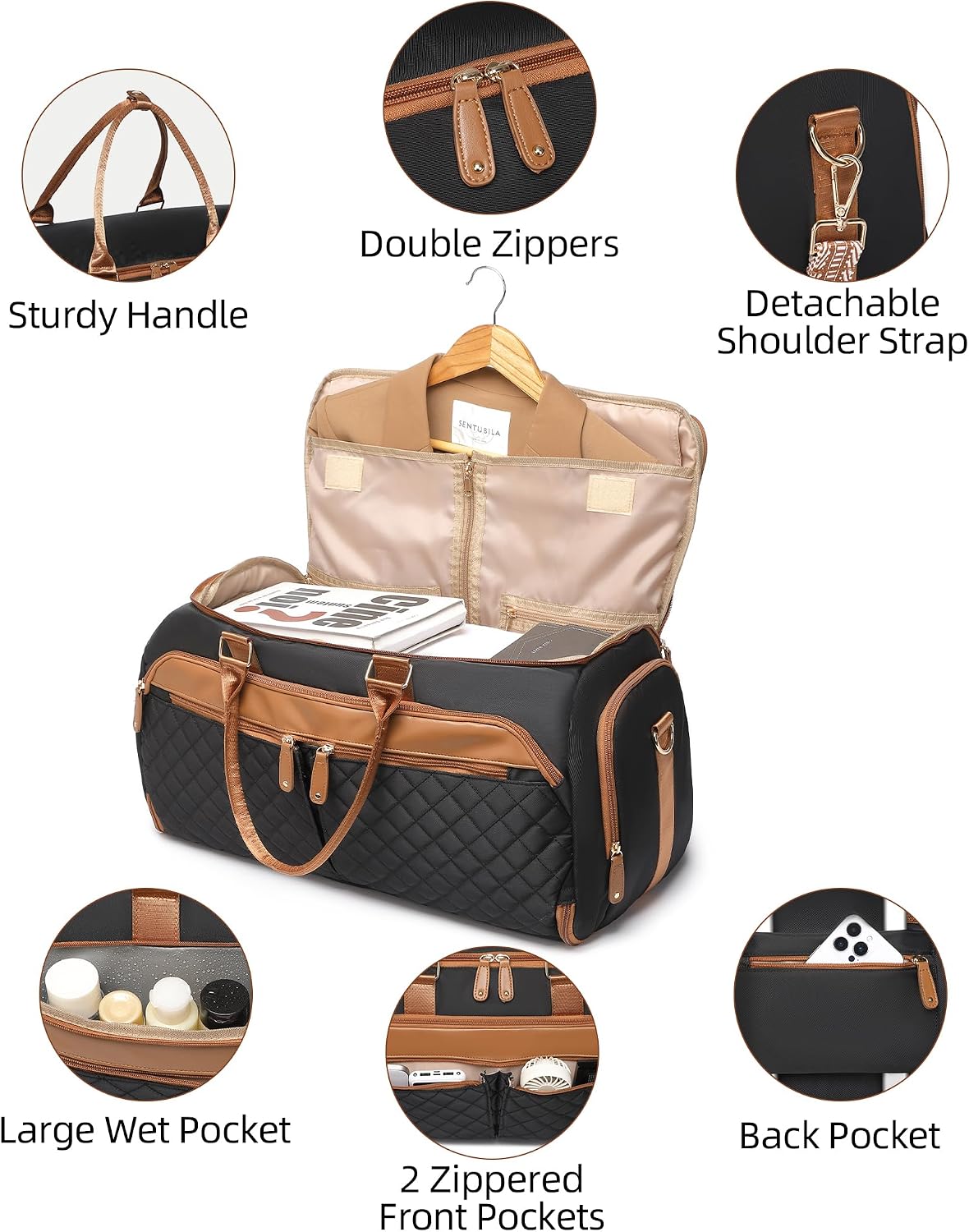 Convertible Garment Bag for Travel with Shoe Compartment, 2-in-1 Carry On Duffle for Hanging Clothes, Foldable Weekender Overnight Bag with Toiletry Bag