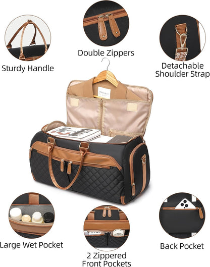 Convertible Garment Bag for Travel with Shoe Compartment, 2-in-1 Carry On Duffle for Hanging Clothes, Foldable Weekender Overnight Bag with Toiletry Bag