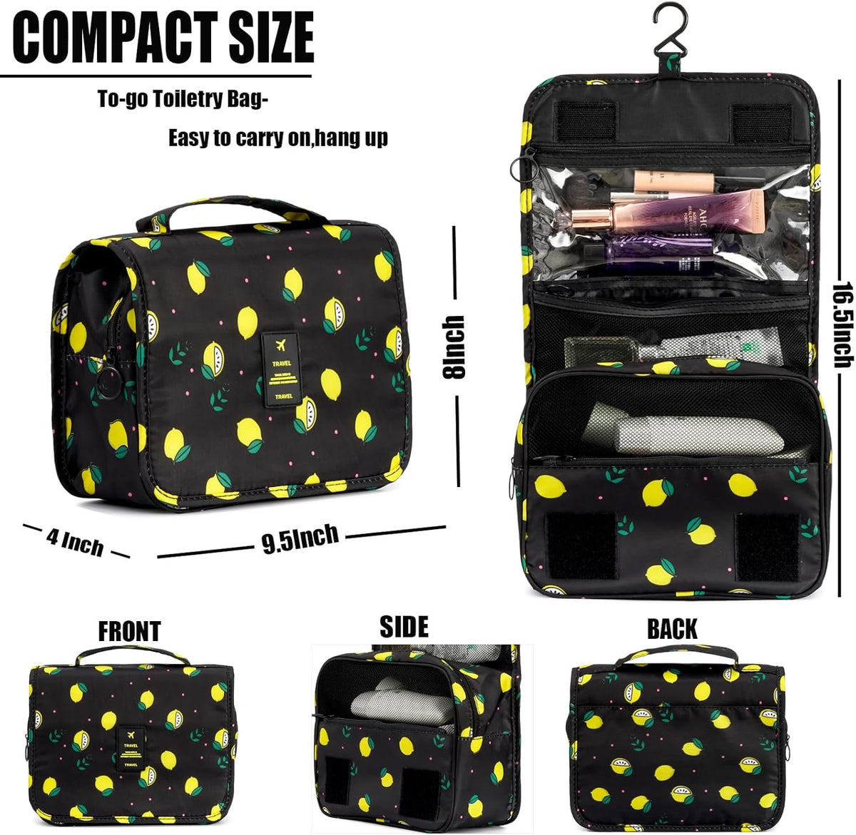 Hanging Travel Toiletry Bag Women's Cosmetic Organizer Makeup Pouch Men's Shaving Kits With Handle (Yellow Lemon)