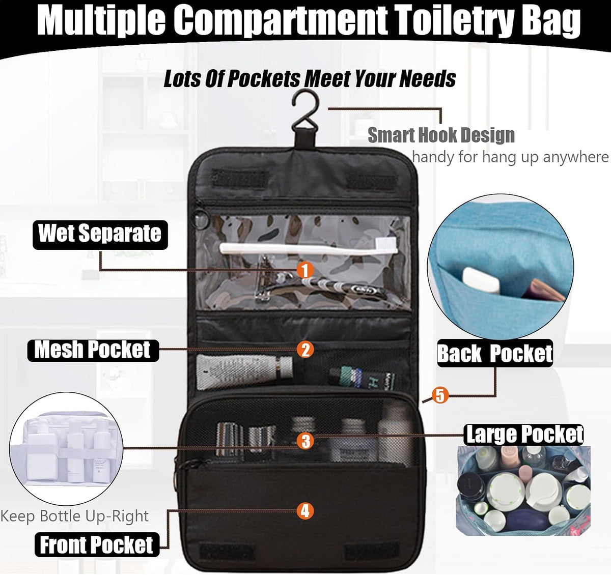 Hanging Travel Toiletry Bag Women's Cosmetic Organizer Makeup Pouch Men's Shaving Kits With Handle (Yellow Lemon)