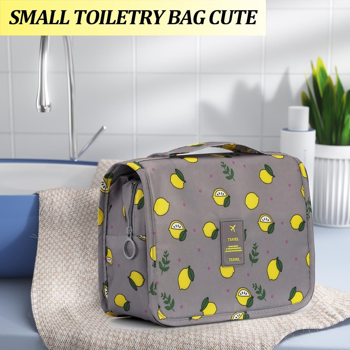 Hanging Travel Toiletry Bag Women's Cosmetic Organizer Makeup Pouch Men's Shaving Kits With Handle (Yellow Lemon)
