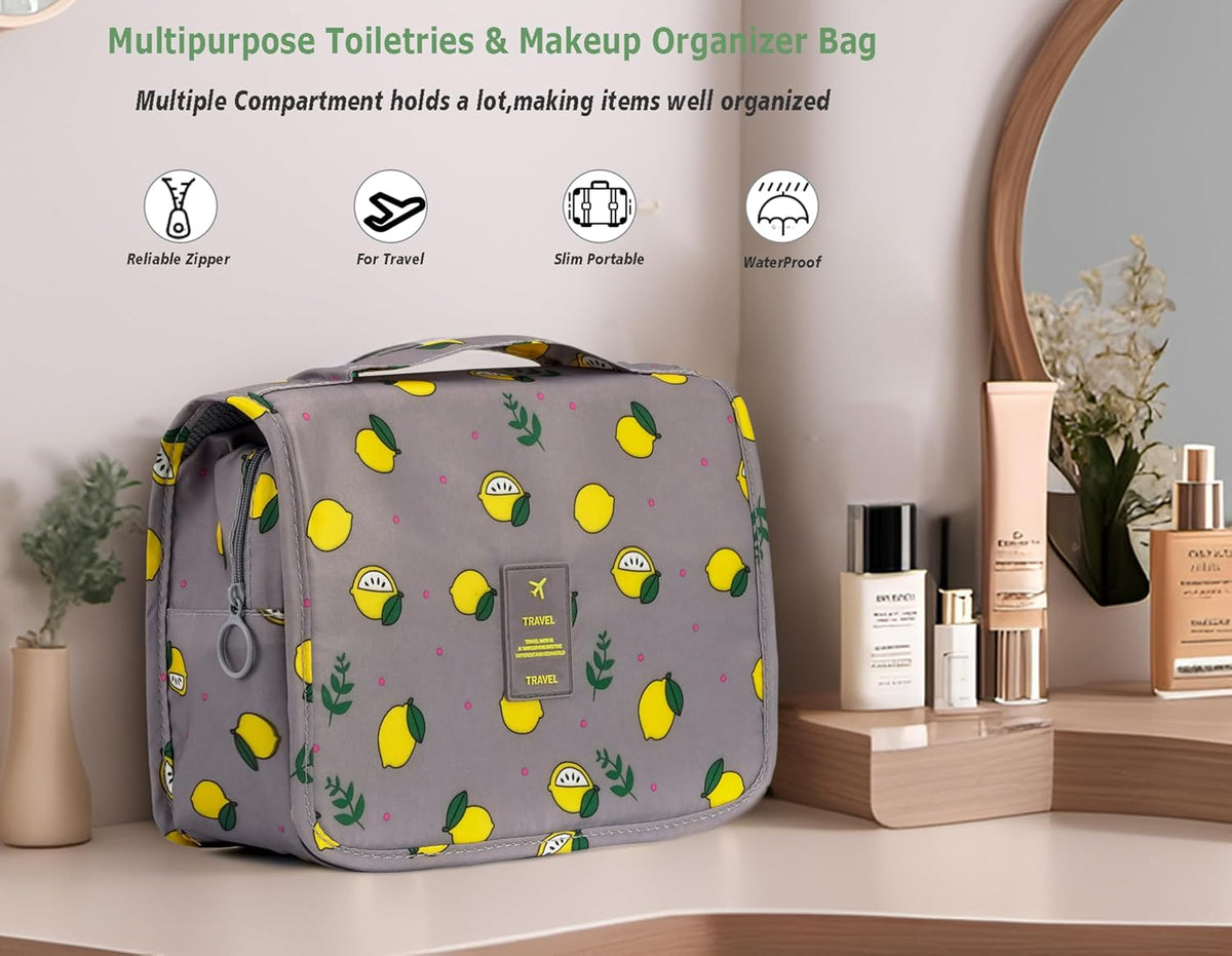 Hanging Travel Toiletry Bag Women's Cosmetic Organizer Makeup Pouch Men's Shaving Kits With Handle (Yellow Lemon)