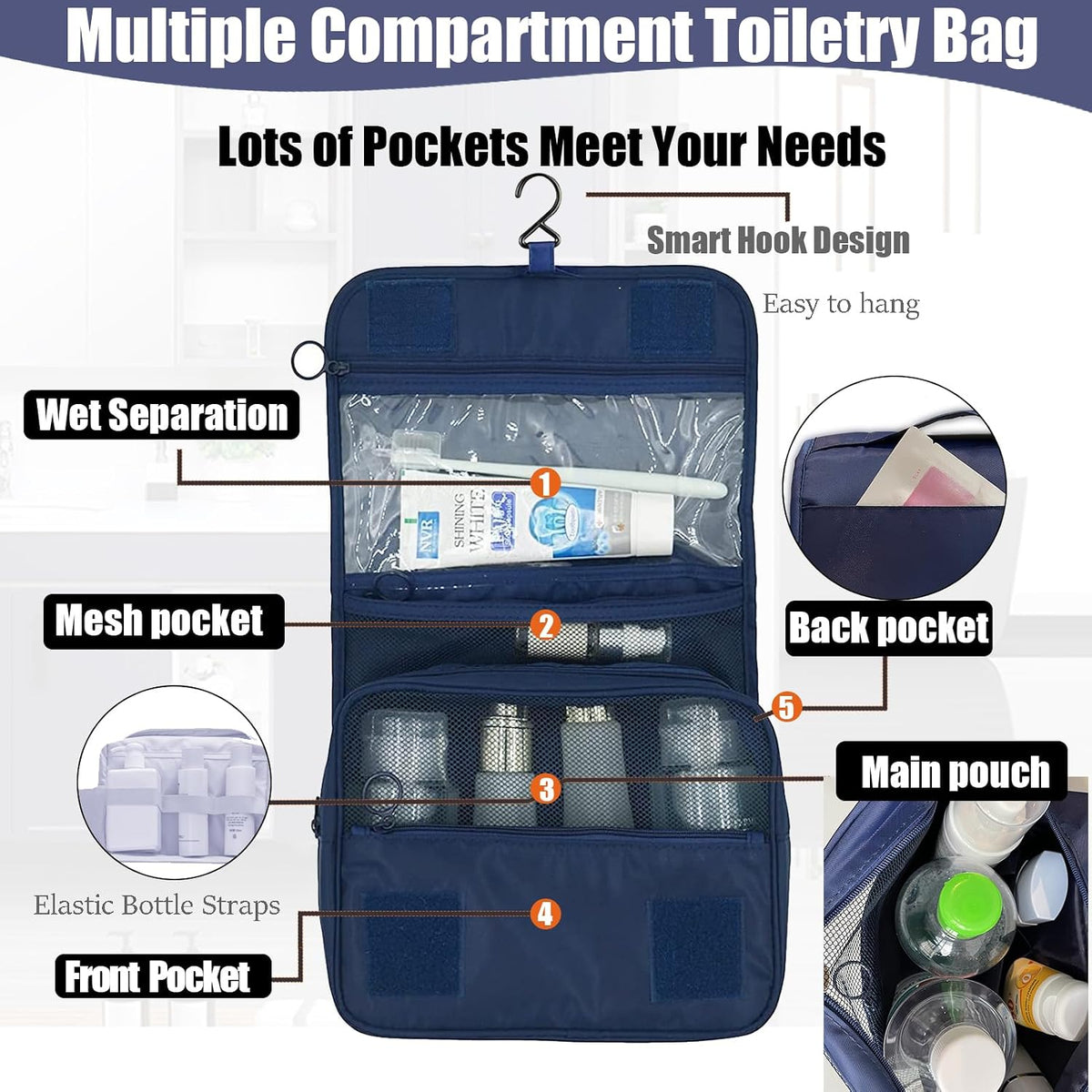 Hanging Travel Toiletry Bag Women's Cosmetic Organizer Makeup Pouch Men's Shaving Kits With Handle (Yellow Lemon)