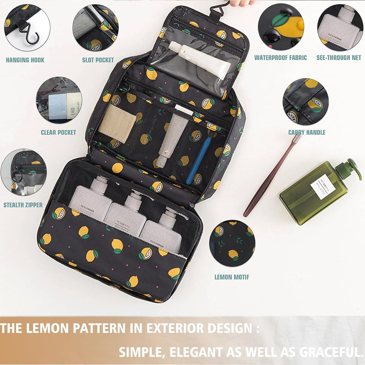 Hanging Travel Toiletry Bag Women's Cosmetic Organizer Makeup Pouch Men's Shaving Kits With Handle (Yellow Lemon)