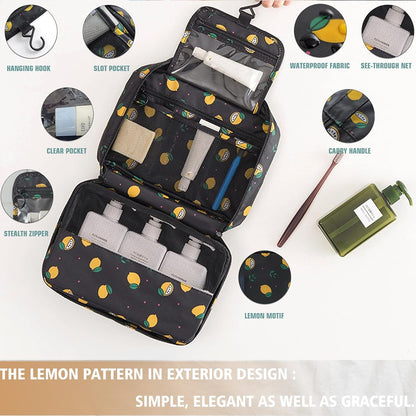 Hanging Travel Toiletry Bag Women's Cosmetic Organizer Makeup Pouch Men's Shaving Kits With Handle (Yellow Lemon)