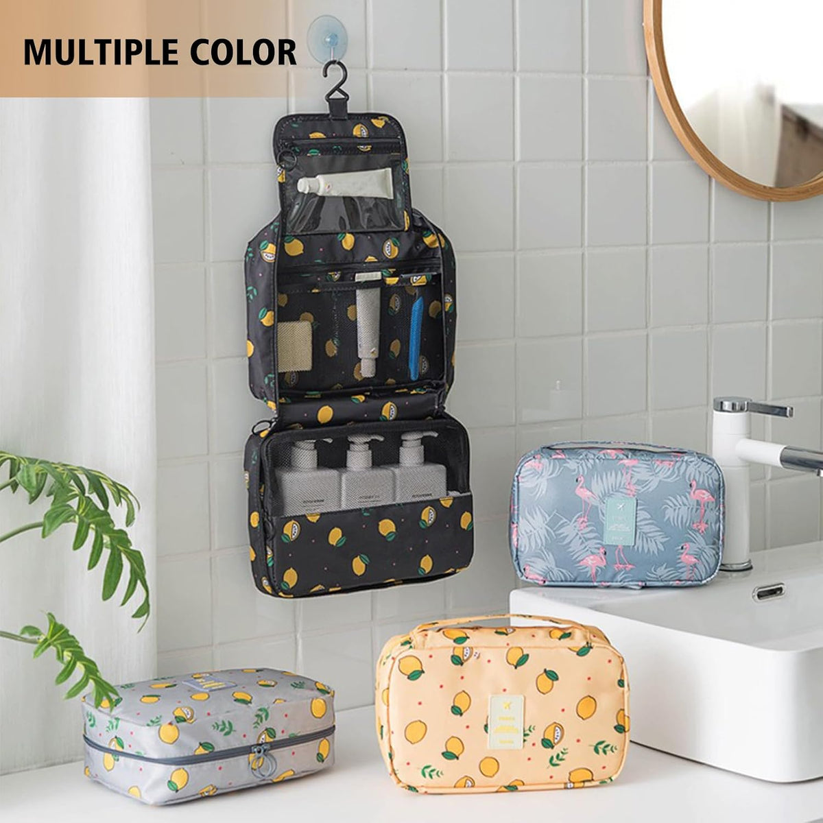 Hanging Travel Toiletry Bag Women's Cosmetic Organizer Makeup Pouch Men's Shaving Kits With Handle (Yellow Lemon)