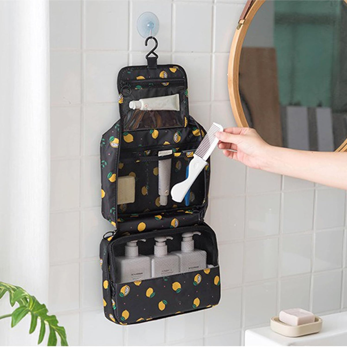 Hanging Travel Toiletry Bag Women's Cosmetic Organizer Makeup Pouch Men's Shaving Kits With Handle (Yellow Lemon)