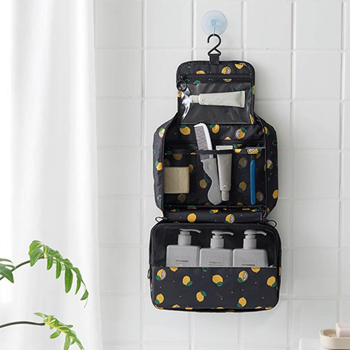 Hanging Travel Toiletry Bag Women's Cosmetic Organizer Makeup Pouch Men's Shaving Kits With Handle (Yellow Lemon)