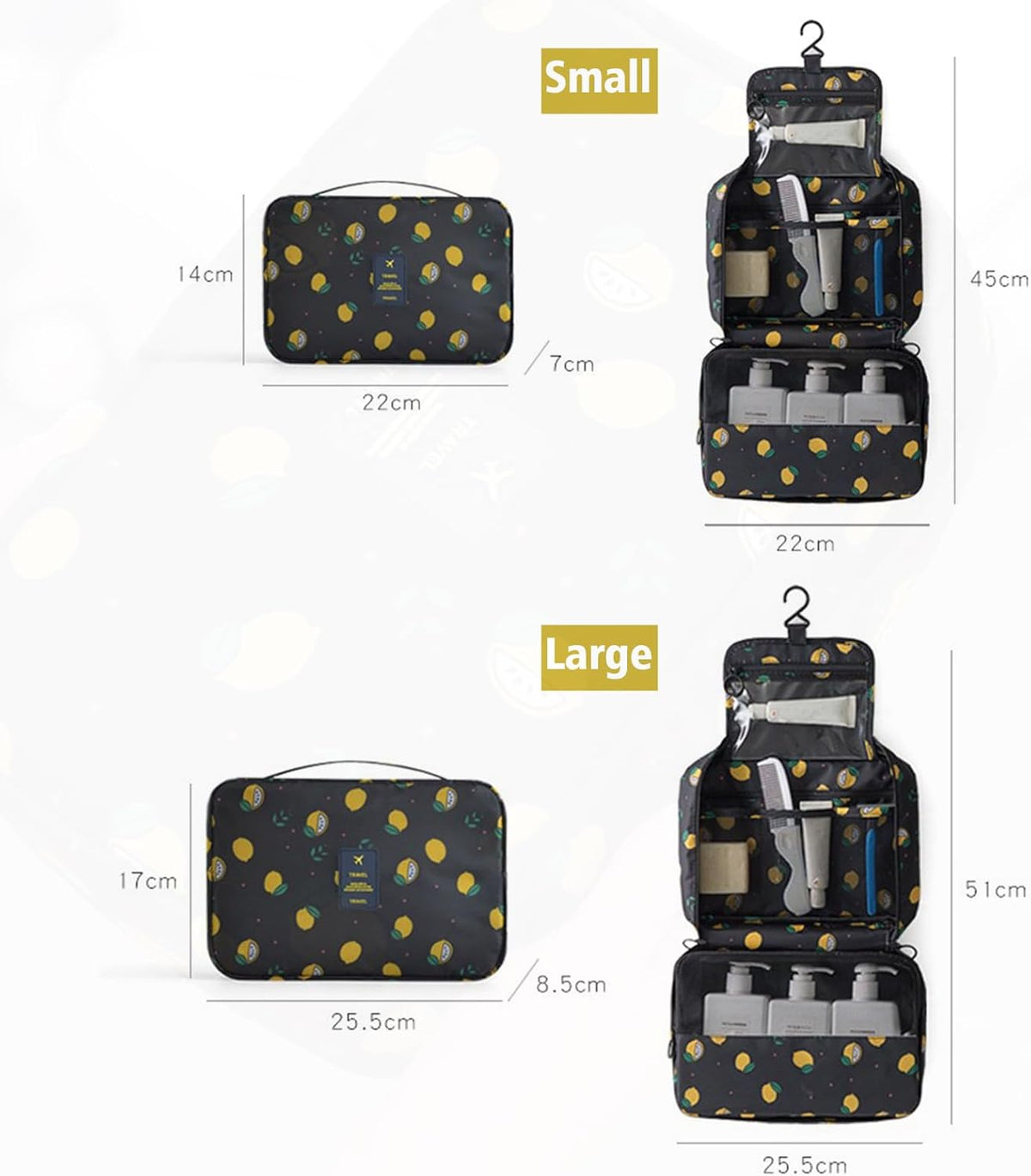 Hanging Travel Toiletry Bag Women's Cosmetic Organizer Makeup Pouch Men's Shaving Kits With Handle (Yellow Lemon)