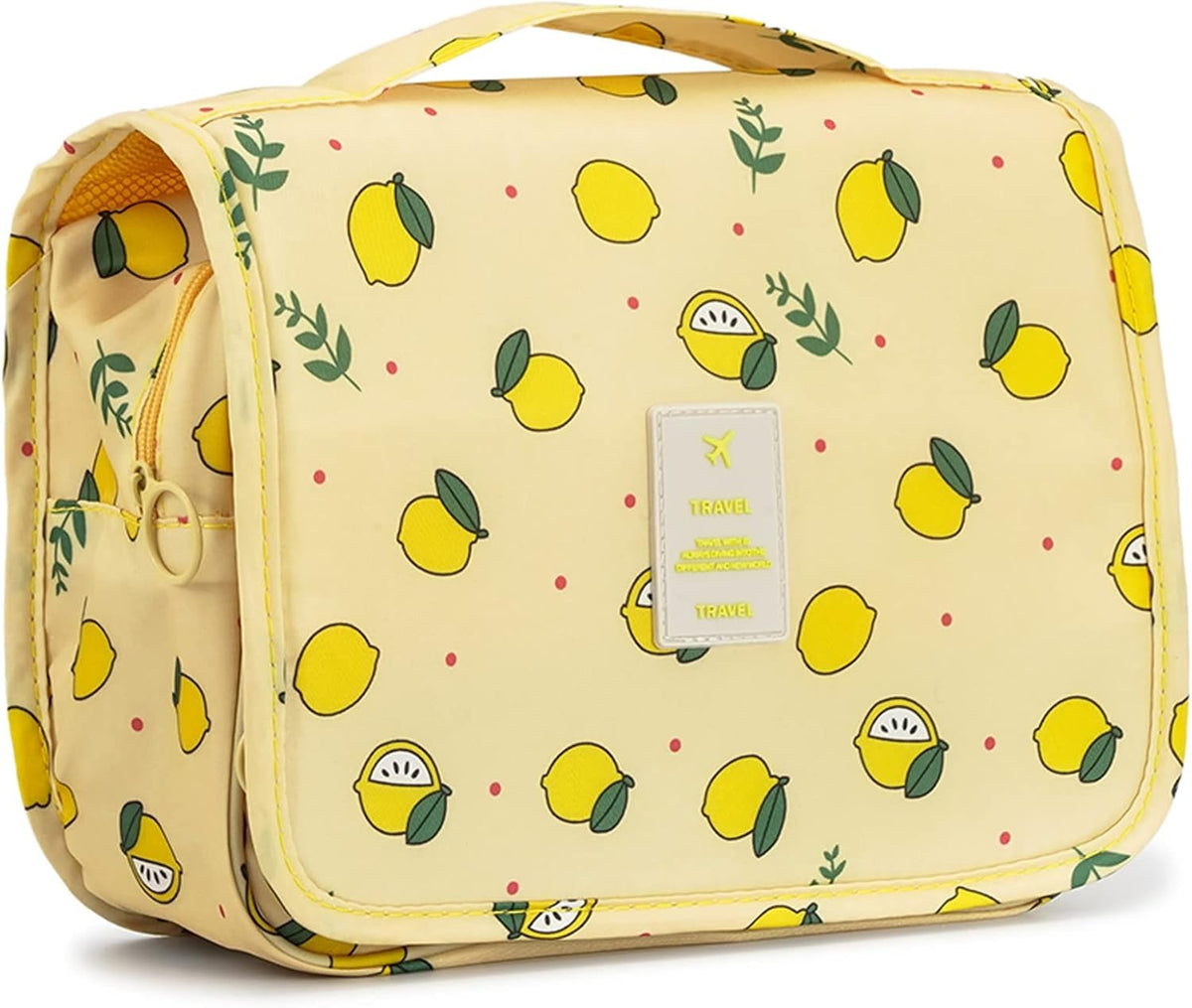 Hanging Travel Toiletry Bag Women's Cosmetic Organizer Makeup Pouch Men's Shaving Kits With Handle (Yellow Lemon)
