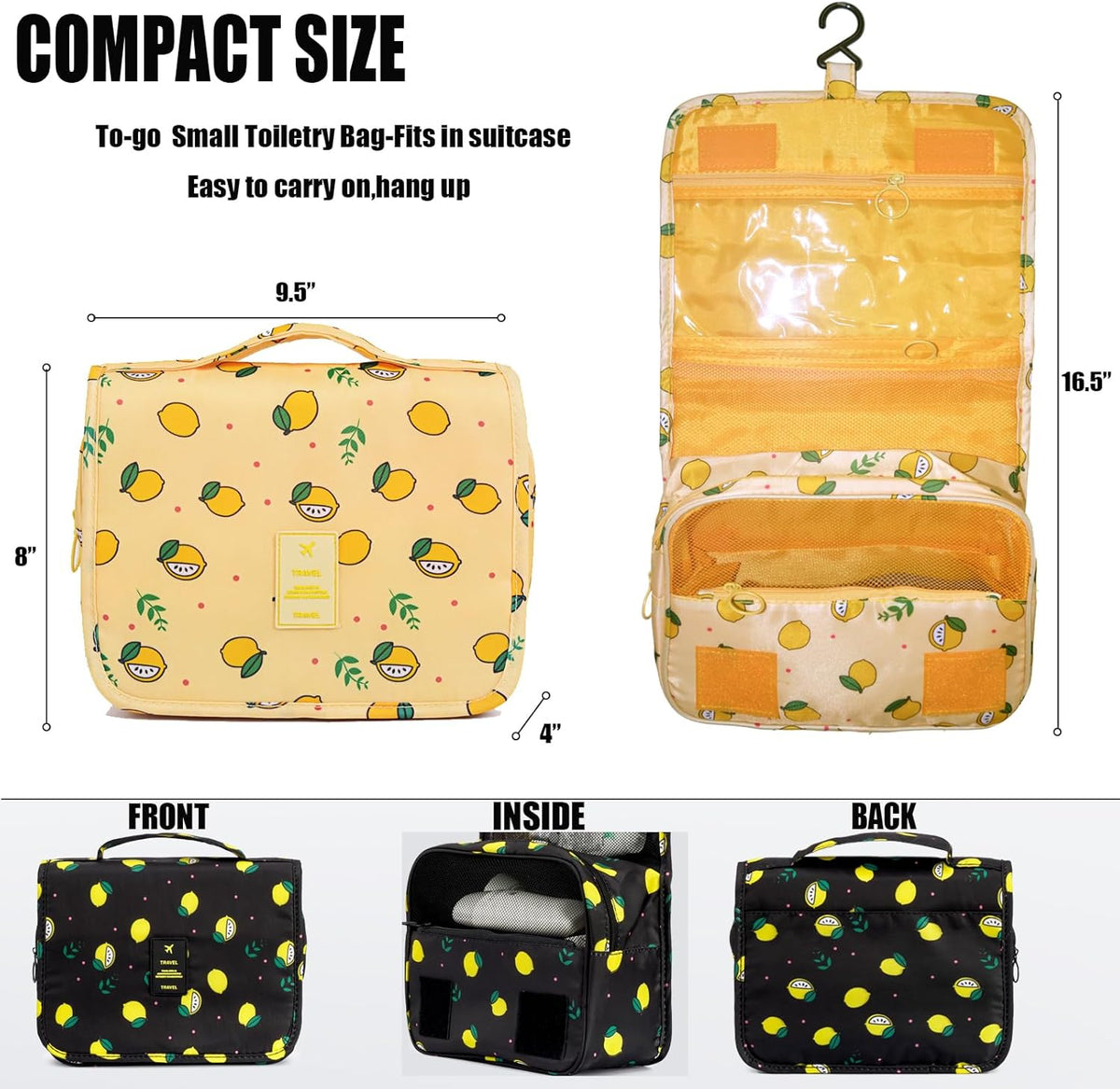 Hanging Travel Toiletry Bag Women's Cosmetic Organizer Makeup Pouch Men's Shaving Kits With Handle (Yellow Lemon)