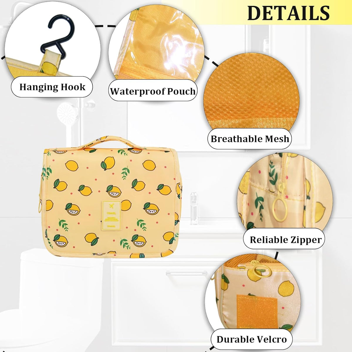 Hanging Travel Toiletry Bag Women's Cosmetic Organizer Makeup Pouch Men's Shaving Kits With Handle (Yellow Lemon)