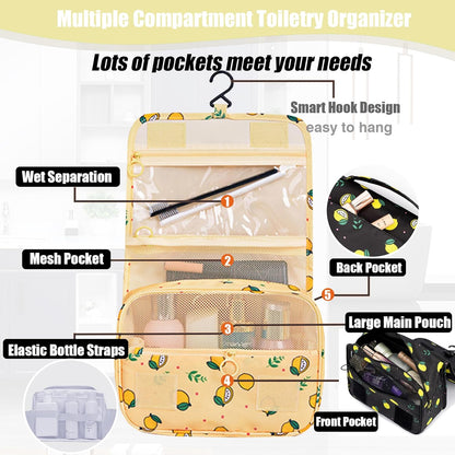 Hanging Travel Toiletry Bag Women's Cosmetic Organizer Makeup Pouch Men's Shaving Kits With Handle (Yellow Lemon)