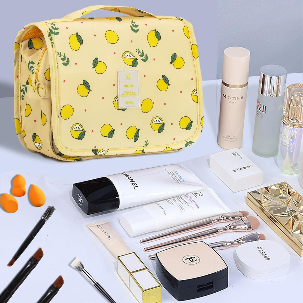 Hanging Travel Toiletry Bag Women's Cosmetic Organizer Makeup Pouch Men's Shaving Kits With Handle (Yellow Lemon)