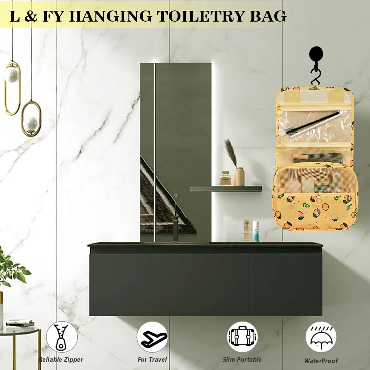 Hanging Travel Toiletry Bag Women's Cosmetic Organizer Makeup Pouch Men's Shaving Kits With Handle (Yellow Lemon)