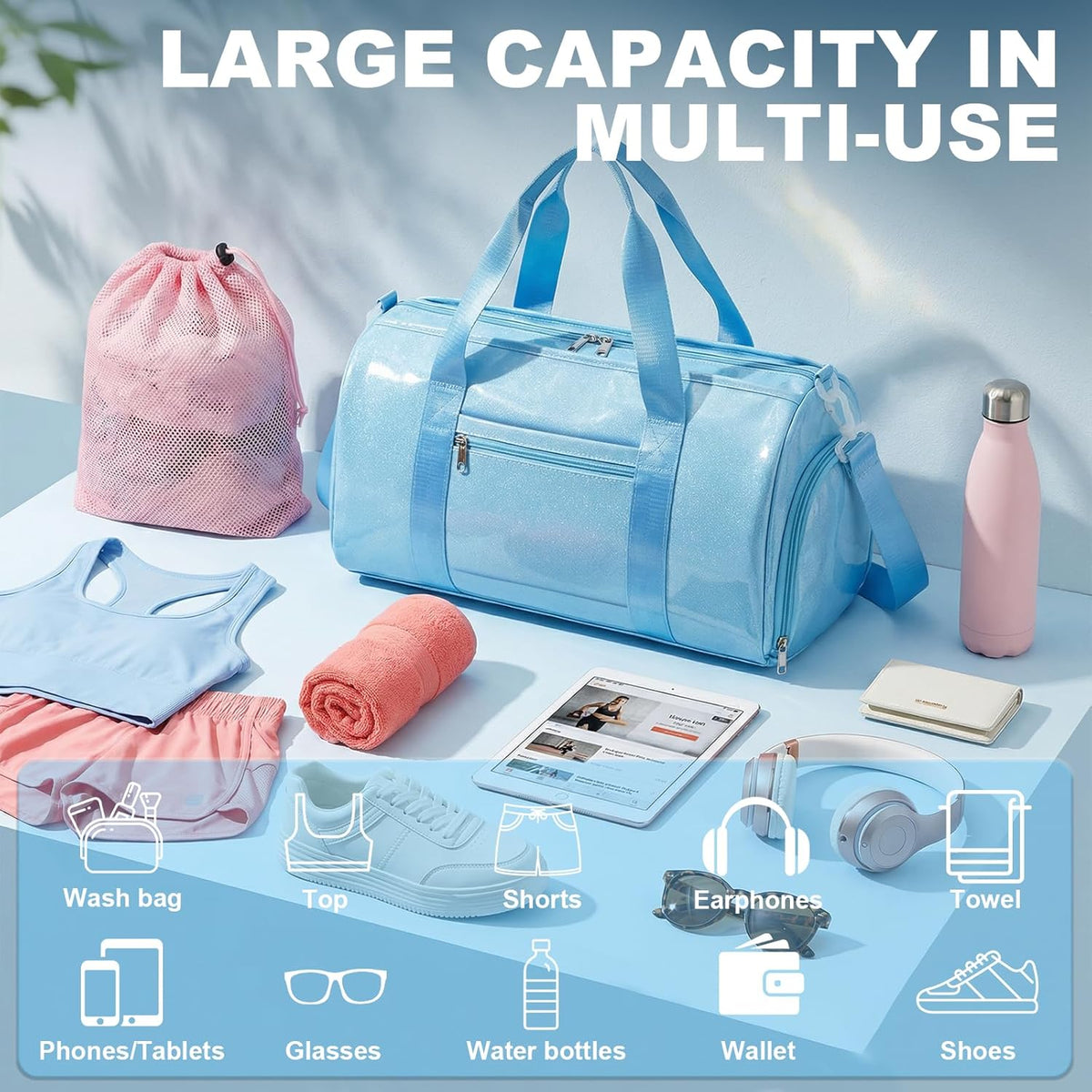Gym Bag Sports Duffle Bag with Wet Pocket Weekender Overnight Bag with Waterproof Shoe Pouch and Air Hole for Girls Kids Women Travel Foldable Bag