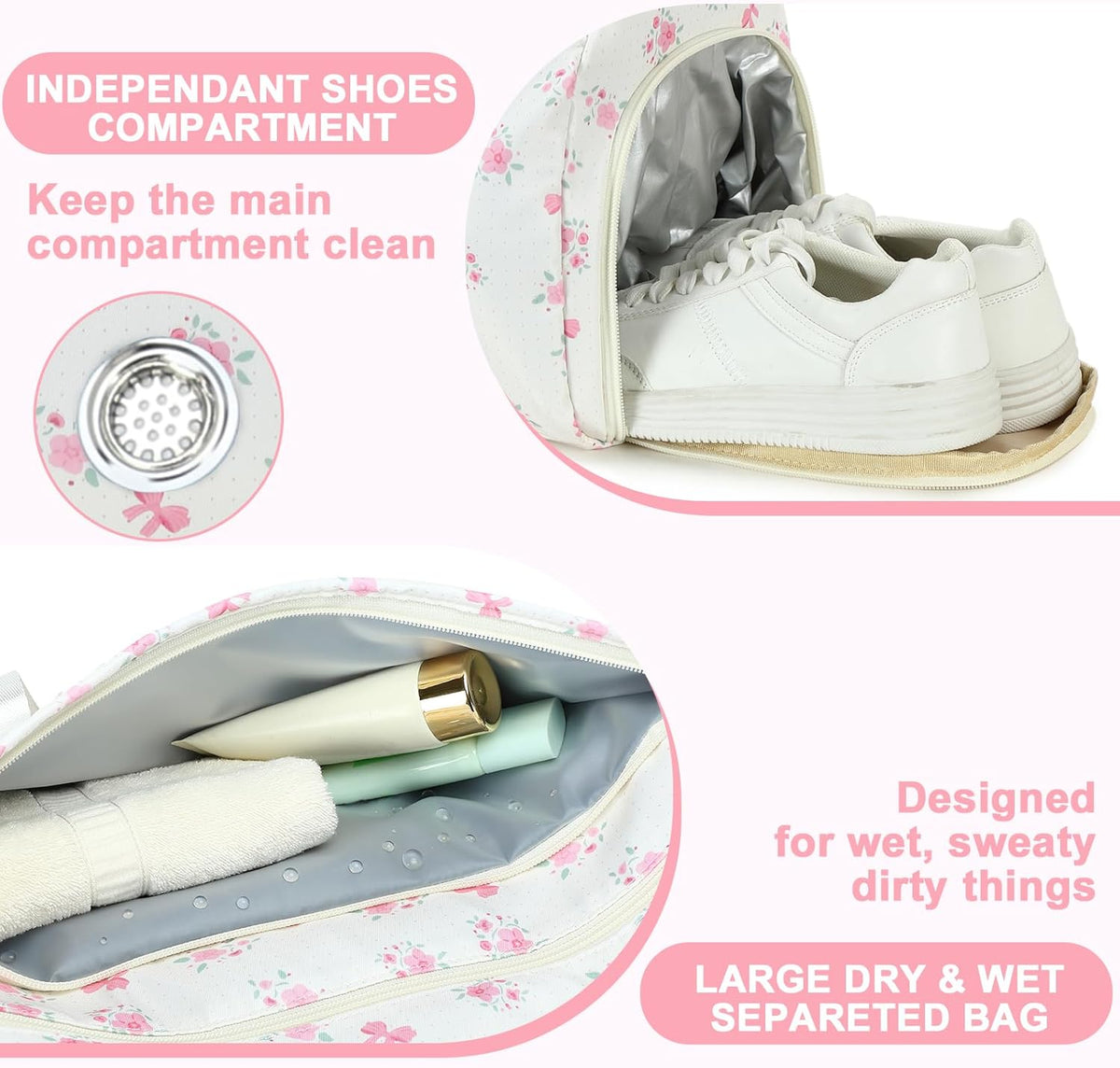 Gym Bag Sports Duffle Bag with Wet Pocket Weekender Overnight Bag with Waterproof Shoe Pouch and Air Hole for Girls Kids Women Travel Foldable Bag