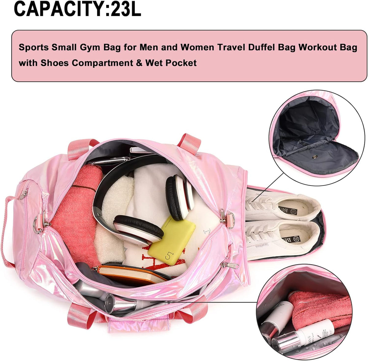 Gym Bag Sports Duffle Bag with Wet Pocket Weekender Overnight Bag with Waterproof Shoe Pouch and Air Hole for Girls Kids Women Travel Foldable Bag