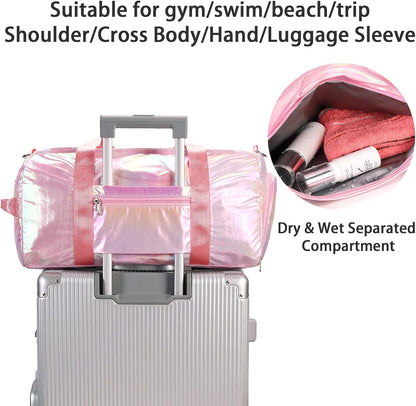 Gym Bag Sports Duffle Bag with Wet Pocket Weekender Overnight Bag with Waterproof Shoe Pouch and Air Hole for Girls Kids Women Travel Foldable Bag