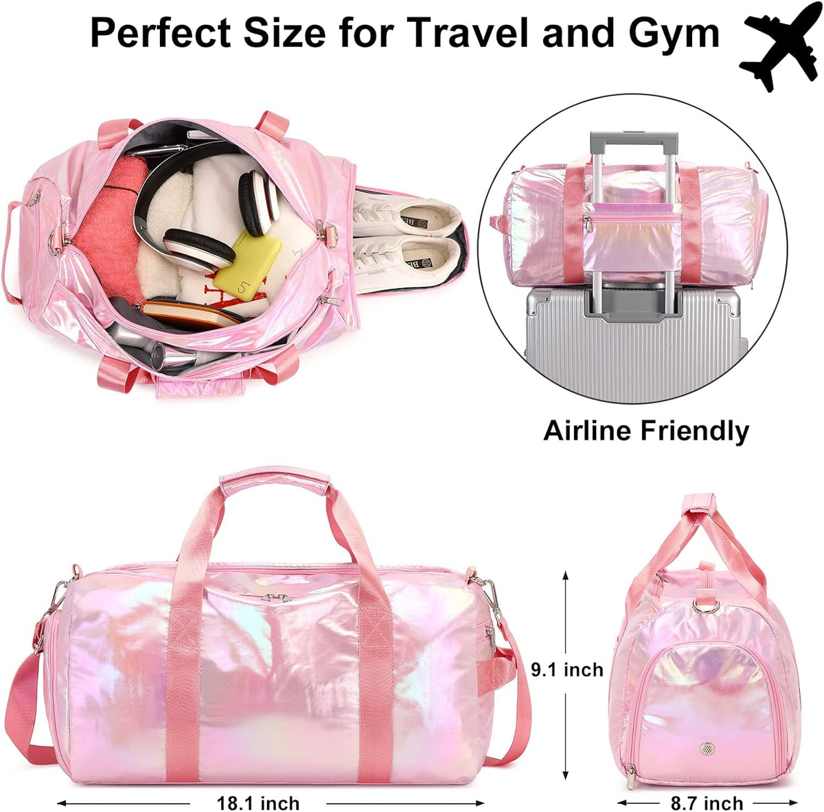 Gym Bag Sports Duffle Bag with Wet Pocket Weekender Overnight Bag with Waterproof Shoe Pouch and Air Hole for Girls Kids Women Travel Foldable Bag