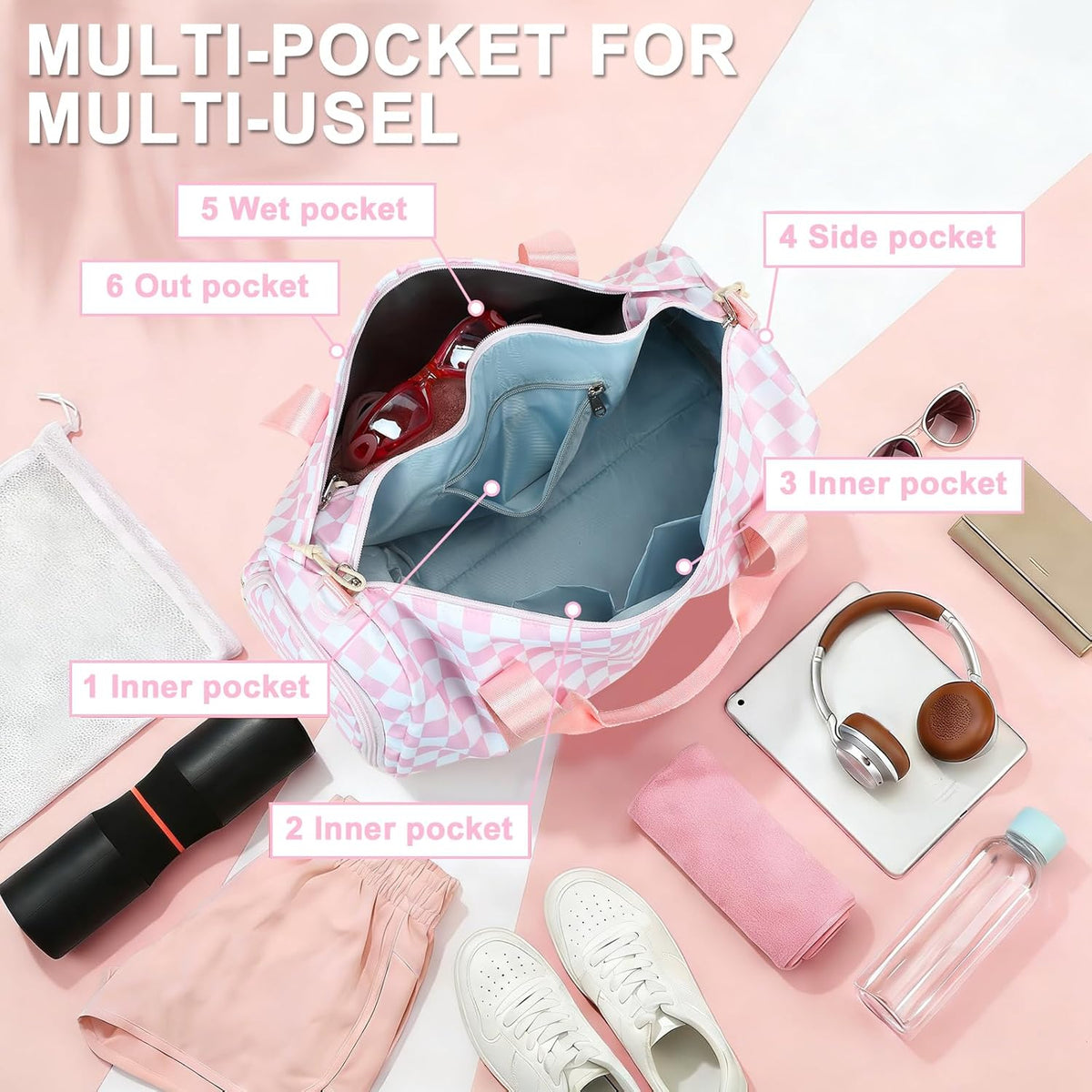Gym Bag Sports Duffle Bag with Wet Pocket Weekender Overnight Bag with Waterproof Shoe Pouch and Air Hole for Girls Kids Women Travel Foldable Bag