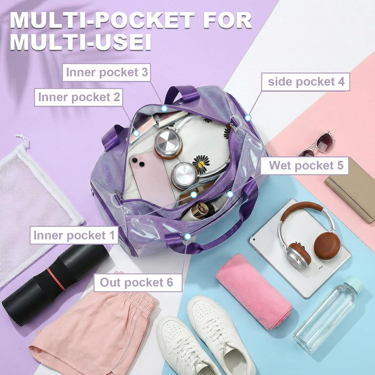 Gym Bag Sports Duffle Bag with Wet Pocket Weekender Overnight Bag with Waterproof Shoe Pouch and Air Hole for Girls Kids Women Travel Foldable Bag